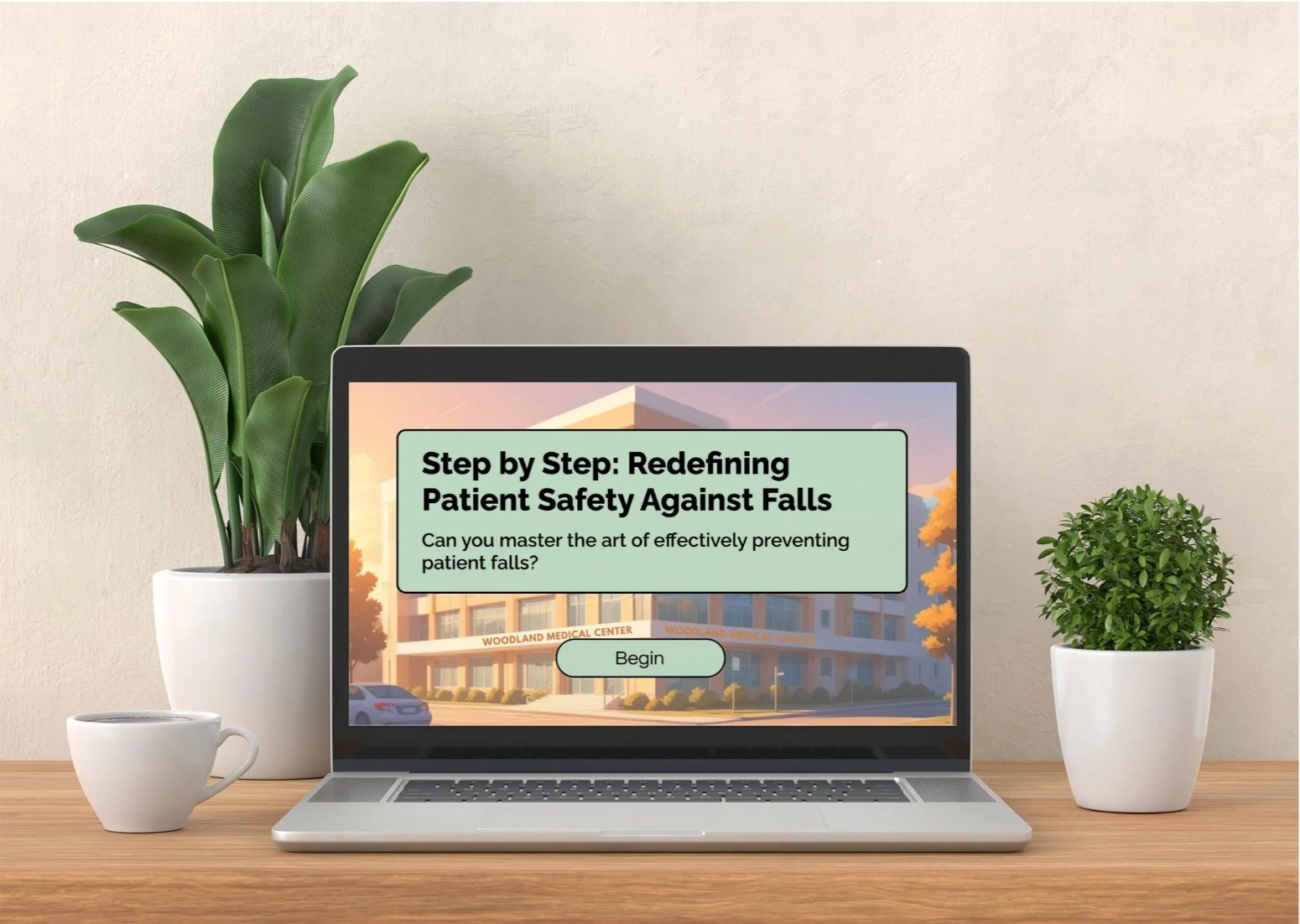 Laptop showing the title screen of Step by Step: Redefining Patient Safety Against Falls, layered in front of two course screens